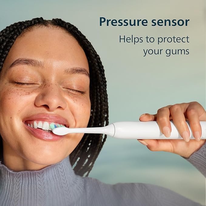 Philips Sonicare 4100 Series Electric Toothbrush - Sonic Toothbrush with Advanced Sonic Technology Pressure Sensor Two Intensity Settings Smartimer &amp Quadpacer White Model HX3681/23