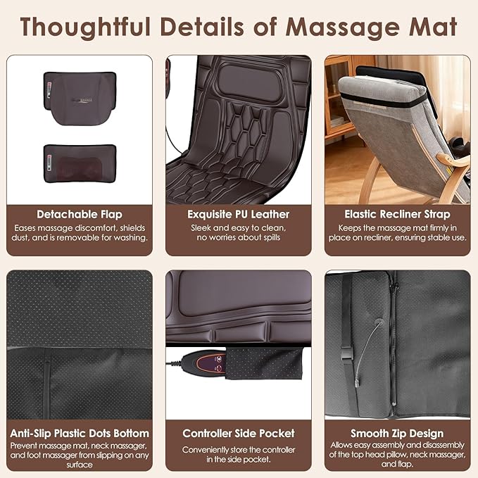 KOCASO PU Leather Full Body Massage Mat Multifunctional Massage Chair Pad with Heat Timer Shiatsu Neck Massager Carry Bag Earplugs Anti-Slip Bottom for Reclining Chair