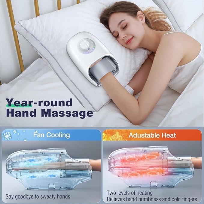 Hand Massager with Heat and Compression Hand Massage for Arthritis and Carpal Tunnel Relief 6 Modes Pressure Point Therapy Blowing Wrist Massager Finger &amp Palm Kneading Gifts for Mom Dad