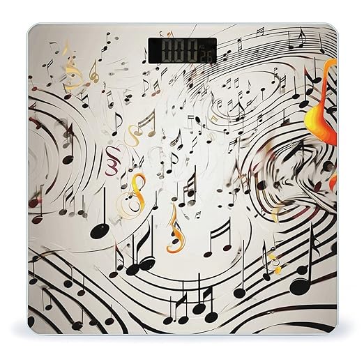 Music Notes Print Scale for Body Weight Anti-Slip Tempered Glass Digital Bathroom Scales Clear LCD Display Weighing Scale Safe Rounded Corners Smart Scales