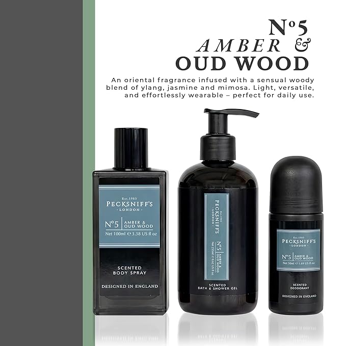 Pecksniff’s Men’s Essentials Body Trio Gift Set – Amber &amp Oud Wood – Bath &amp Shower Gel 250ml Body Spray 100ml Deodorant 50ml