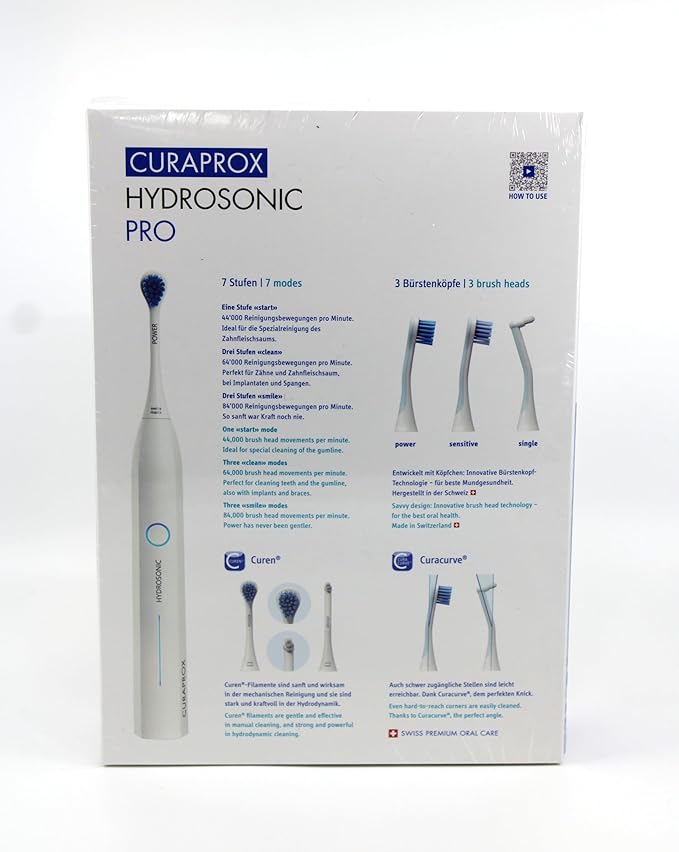 Curaprox Hydrosonic Pro Sonic Toothbrush – for Sensitive Teeth Implants and Braces | Professional Cleaning at Home | Set with Three Brush Heads