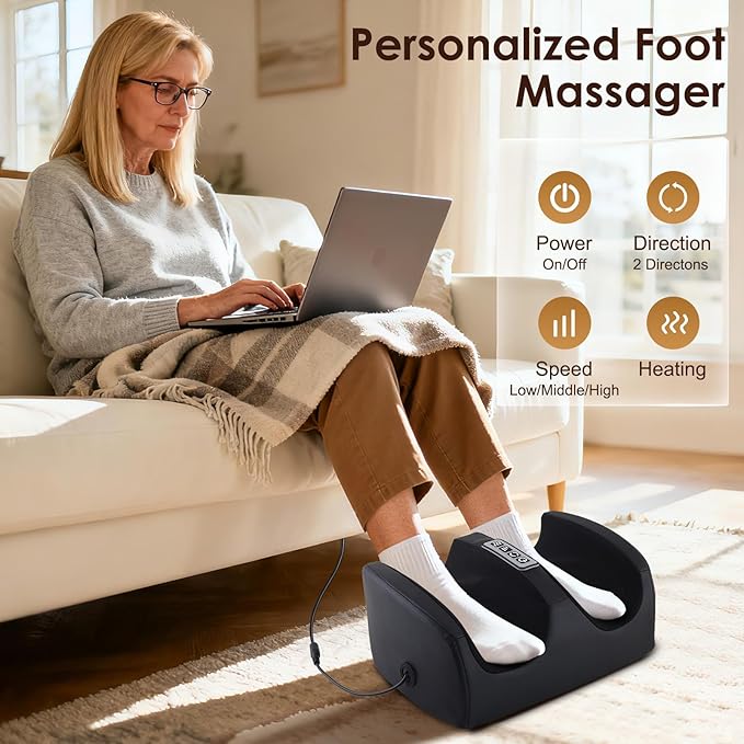 Foot Massager with Heat Electric Foot and Calf Massager with Roller Deep Tissue Massage for Plantar Fasciitis Neuropathy &amp Pain Relief Gifts for Women &amp Men(Black)