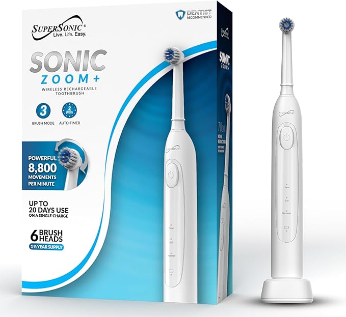 Supersonic TB-1000 Sonic Zoom+ Advanced Rotating Electric Toothbrush | 8800 OPM | Wireless Charging | 3 Cleaning Modes | 6 Brush Heads | Auto Timer | Travel Case | Black (White)