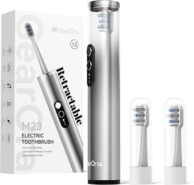 M23 Retractable Travel Sonic Electric Toothbrush for Adults Aluminum Body Ultra-Light 4.6 oz Portable &amp Rechargeable 30-Day Battery Life IPX7 Waterproof 2-Min Timer Silver