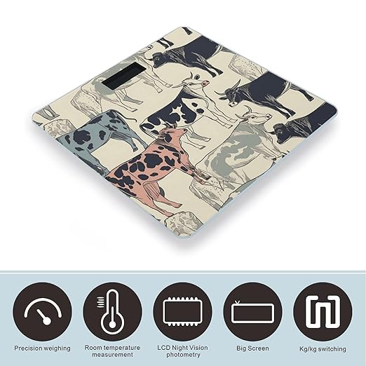Black White Milk Cow Scale for Body Weight Anti-Slip Tempered Glass Digital Bathroom Scales Clear LCD Display Weighing Scale Safe Rounded Corners Smart Scales