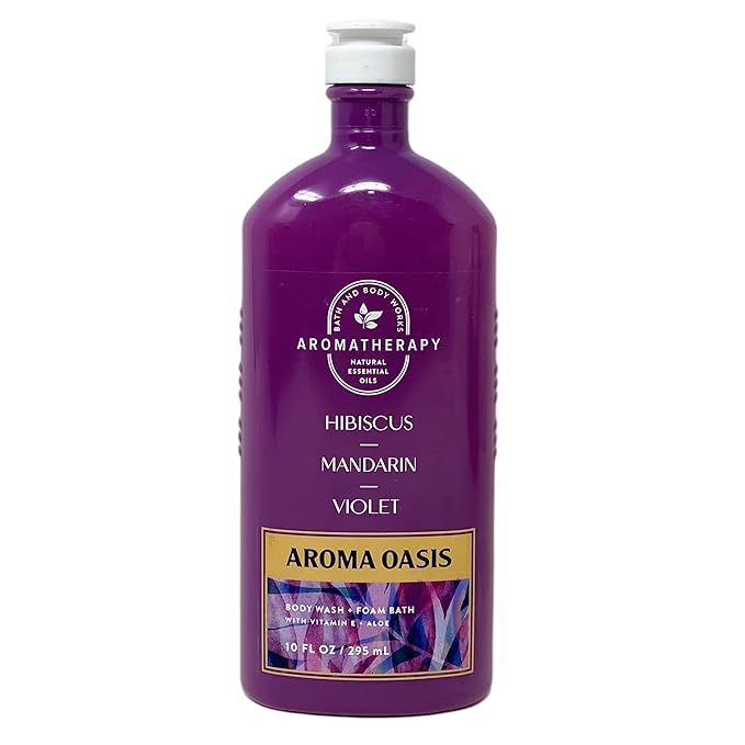 Bath &amp Body Works Aromatherapy Aroma Oasis Hibiscus Madarin Violet 3 Pack Body Wash Bundle with an Aloe Vera Bar Soap