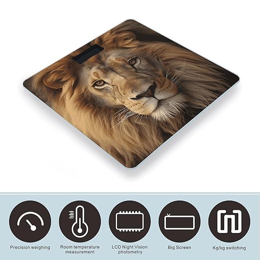 African Lion Head Scale for Body Weight Anti-Slip Tempered Glass Digital Bathroom Scales Clear LCD Display Weighing Scale Safe Rounded Corners Smart Scales