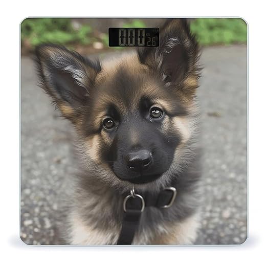 Cute German Shepherd Puppy Bathroom Scale Large LCD Backlight Display Digital Scale Rounded Corners Body Scales Automatic Power On/Off Bathroom Scales for Home Bedrooms