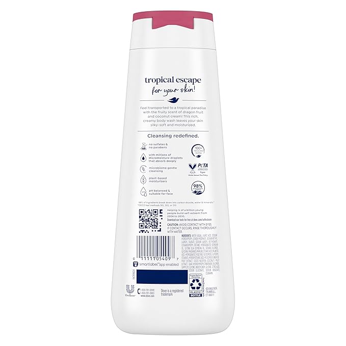 Dove Body Wash 4 Count for 24hr Lotion-Soft Skin Replenish Dragon Fruit and Coconut Cream Moisturizing Skin Cleanser with No Sulfates No Parabens