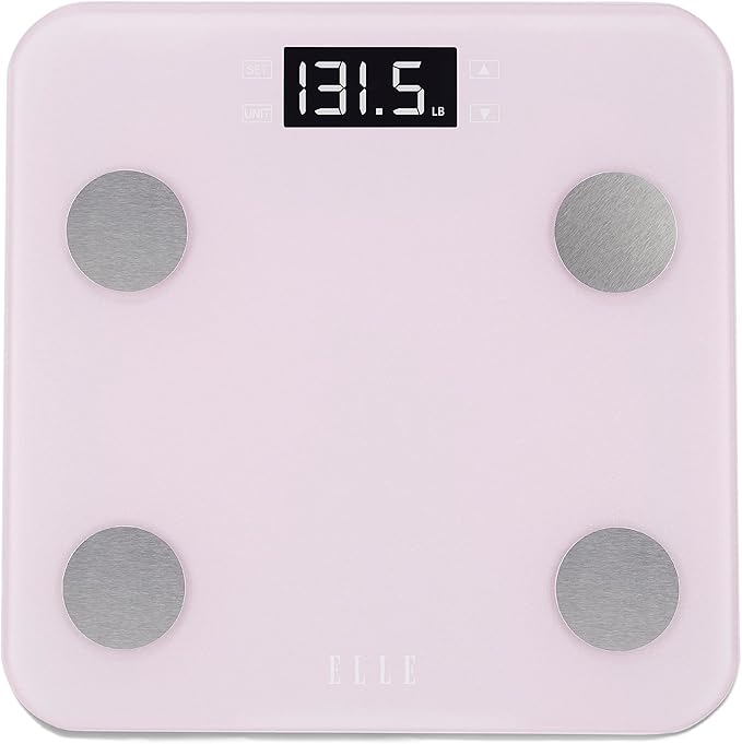 ELLE Digital Body Analysis Scale with BMI Body Fat Hydration Muscle Mass Bone Mass Calories and Weight Tracking Purple LCD Display Tempered Glass 400 lbs Capacity