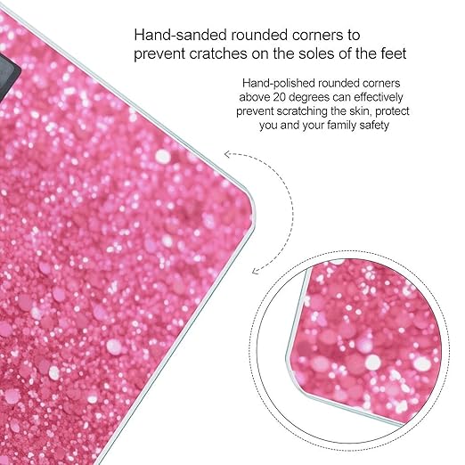 Sparkling Pink Glitter Scale for Body Weight Anti-Slip Tempered Glass Digital Bathroom Scales Clear LCD Display Weighing Scale Safe Rounded Corners Smart Scales