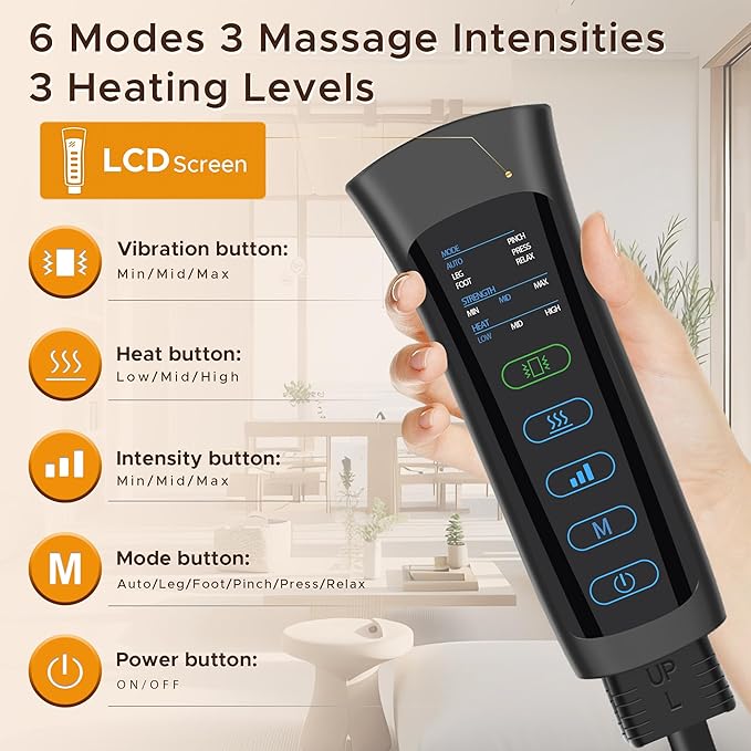 Leg Massager Air Compression Massager with 3 Level Full Leg Heat 6 Modes &amp 3 Intensities for Foot Calf Knee＆Thigh and Muscles Relaxation