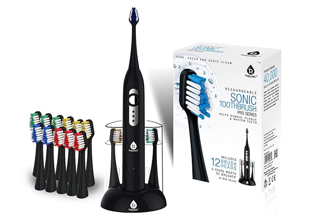 Pursonic S430 Power Rechargeable Sonic Toothbrush: 40000 Strokes Per Minute 12 Brush Head Replacements &amp Toothbrush Set Included - Black