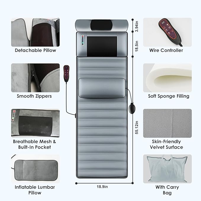 Full Body Massage Mat with Heat &amp Neck Lumbar Massager PillowMultifunctional Back Heated Mattress Pad with 10 Vibration Motors 3 Heating Pads &amp 9 Massage Modes for Neck Back Leg Pain Relief
