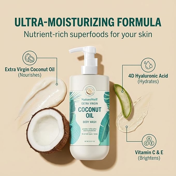 NATURE WELL Extra Virgin Coconut Oil Ultra-Moisturizing Body Wash Gentle &amp Creamy Formula Packed with Antioxidants Vitamins A C &amp E &amp Squalane Provides Gentle Cleansing &amp Intense