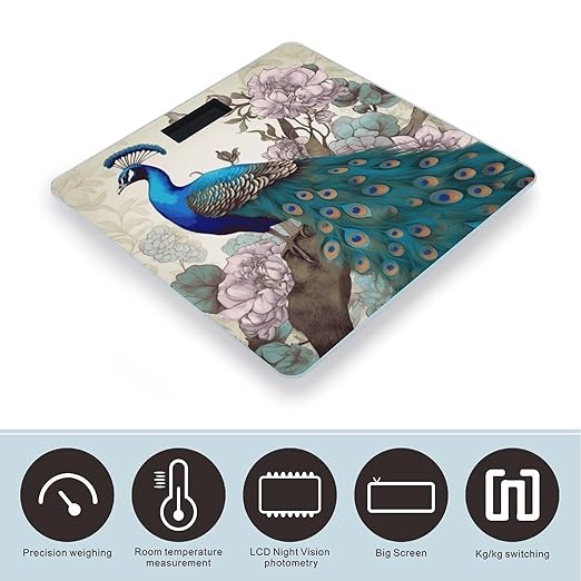 Peacock Floral Weight Scale for Body Weight Digital Bathroom Scale High Capacity Accurate Digital Weighing Scales and Easy-to-Read on Backlit LCD Display Scales