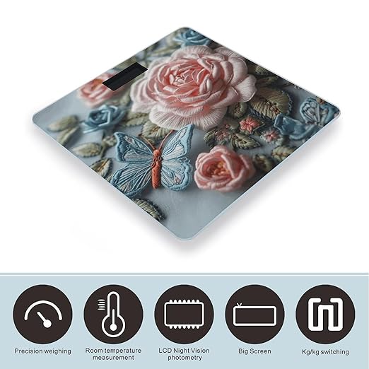 Embroidered Pink Roses Scale for Body Weight Precision Bathroom Weighing Scales with Back Lit LCD Display Sturdy Tempered Glass Body Weight Scales Digital Bathroom Scale 400lb