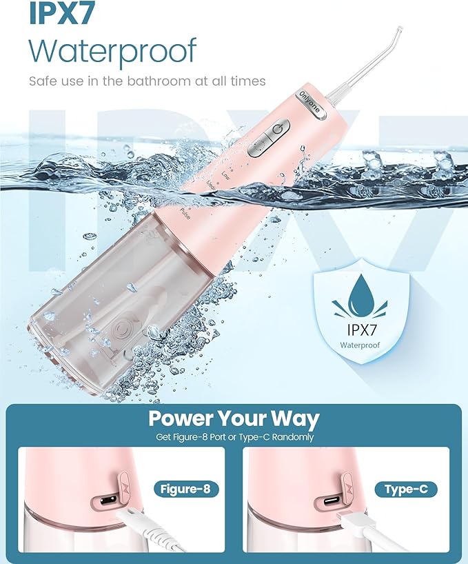 Onlyone Water Dental Flosser Pick for Teeth 300ML Portable Oral Irrigator Rechargeable Travel Irrigation Cleaner Professional Electric Flossing Machine Birthday Gifts for WomenMomGirlfriend Pink