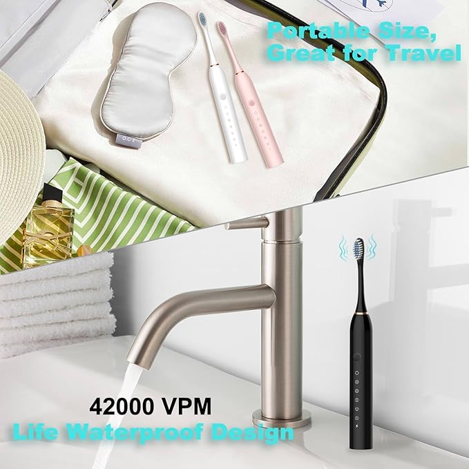 X-3 Electric Sonic Toothbrush with 2 Minute Smart Timer 30s Pause Reminder 45000 VPM 6 Modes 3 Replacement Brush Heads IPX7 Waterproof USB Fast Charging Black