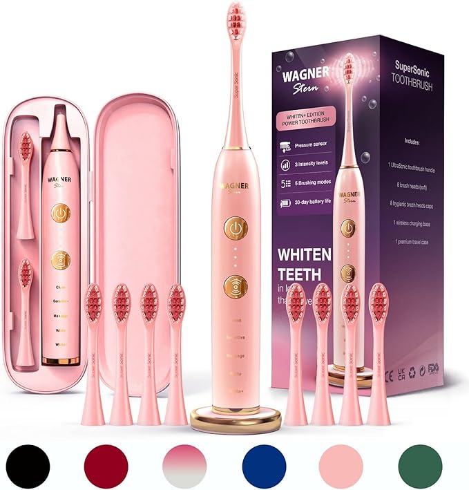 Wagner Stern WHITEN+ Edition. Whitening Electric Toothbrush with Pressure Sensor. Offers 5 Brushing Modes 3 intensities 8 Soft Brush Heads and a Luxury Travel case.