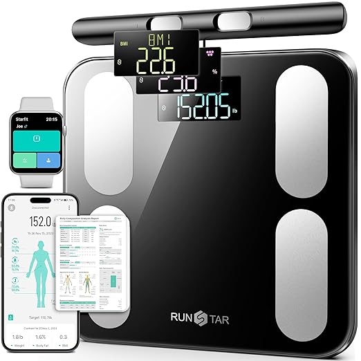 Runstar Scale for Body Weight and Fat BMI Muscle Mass to 28 Measurements FSA&ampHSA Eligible Digital Bathroom Scales 8-Electrode with Voice Prompt High Accurate Bluetooth Weight Scale