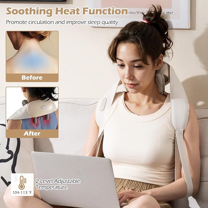 COSTWAY Neck Shoulder Massager 4D Deep Tissue Kneading Shiatsu Machine with 2 Heat Levels for Pain Relief Portable Cordless Neck Back Leg Massage Pillow Gift for Family Women Men Beige