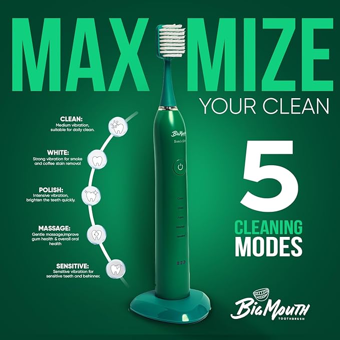 BIG MOUTH TOOTHBRUSH Dr Bobbi Electric Toothbrush for Adults Ultrasonic Rechargeable Toothbrush with 5 Cleaning Modes &amp 2-Minute Smart Timer Retains 42-Day Battery Travel-Ready Design – (Green)