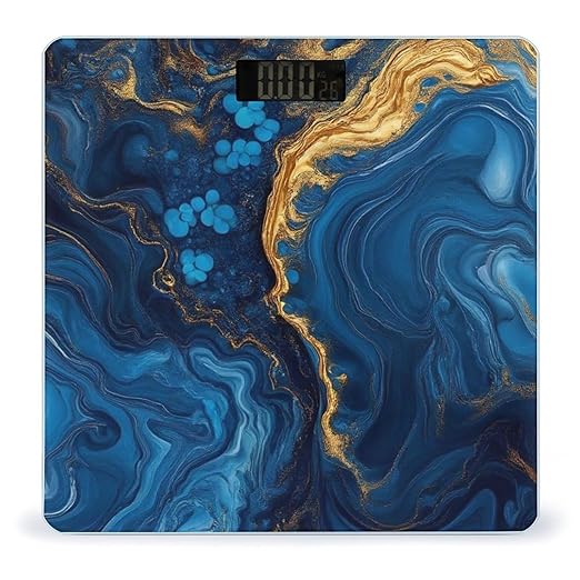 Women's Fashion Automatic Switch Digital Bathroom Weighing Scale Smart Scale Luxury Marble Texture Gold and Blue