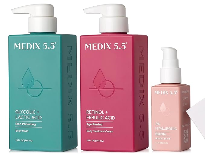 Medix 5.5 Glycolic Acid Exfoliating Body Wash + Retinol Age Rewind Body Treatment Cream + 3% Hyaluronic Acid Hydrating Serum Set