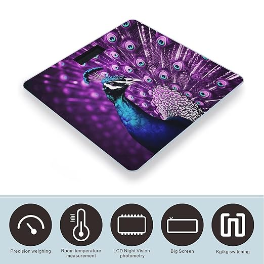 Purple Peacock Bathroom Scale Large LCD Backlight Display Digital Scale Rounded Corners Body Scales Automatic Power On/Off Bathroom Scales for Home Bedrooms