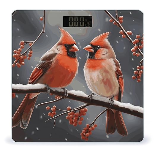 Cute Cardinal Birds Scale for Body Weight Highly Accurate Digital Bathroom Electronic Weighing Machine for People LCD Display Large Size Tempered Glass for Safe Home Use
