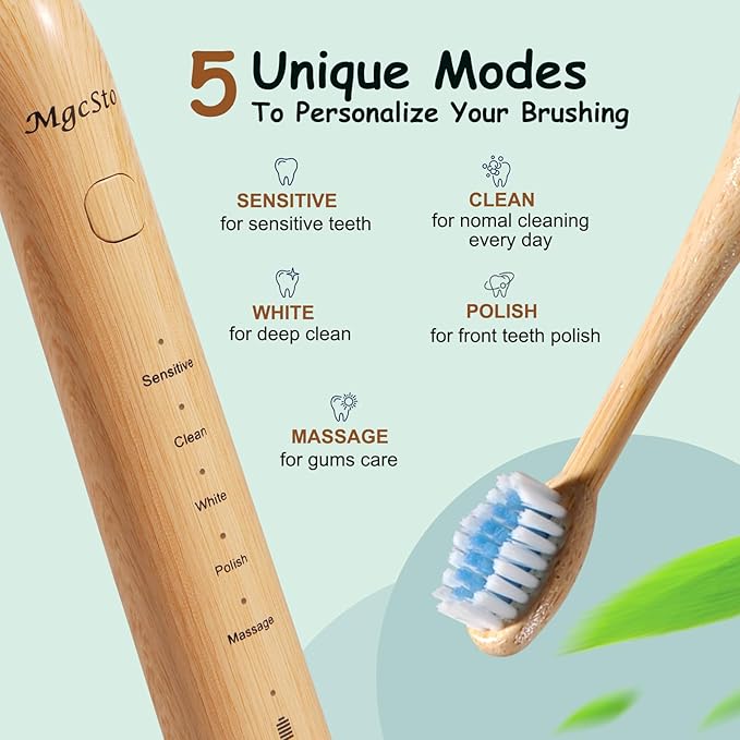 Sonic Electric Bamboo Toothbrush for Adults -5 Adjustable Cleaning Modes -Includes 2 Bamboo Heads with Castor Oil Bristles - Upgraded IPX7 Waterprood -Convenient Charging &amp Travel Case