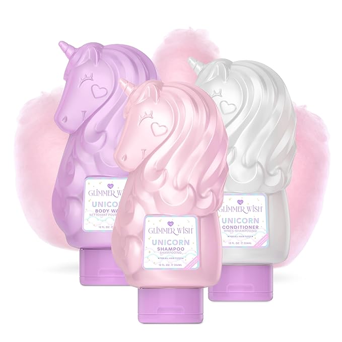 Glimmer Wish Premium Unicorn Shampoo + Conditioner + Body Wash Vanilla Cotton Candy Scent Dermatologist Tested Sulfate &amp Sulfite Free Paraben Free PEG &amp EDTA Free 100% Vegan Cruelty &am