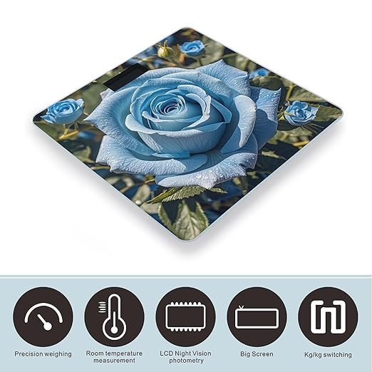 Romantic Blue Rose Bathroom Scale for Body Weight Bathroom Weighing Scales with Back Lit LED Display Sturdy Tempered Glass Body Weight Bathroom Scale 400lb Weighing