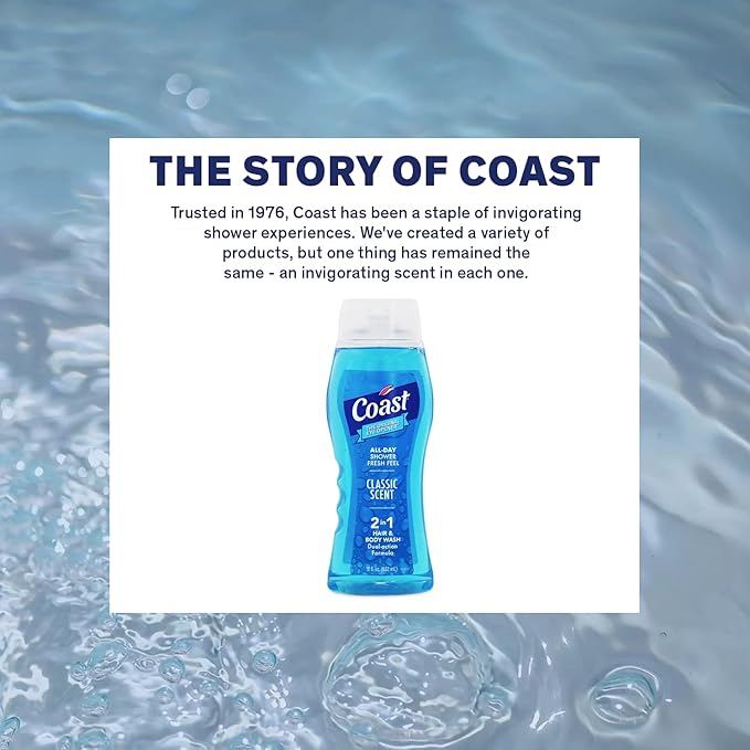 Coast 2-in-1 Hair and Body Wash Classic Scent - Men's Body Wash Shampoo &amp Conditioner - 6 Pack x 18 Fl Oz - Moisturizing &amp Refreshing Rich Lather for Energized And Clean Skin