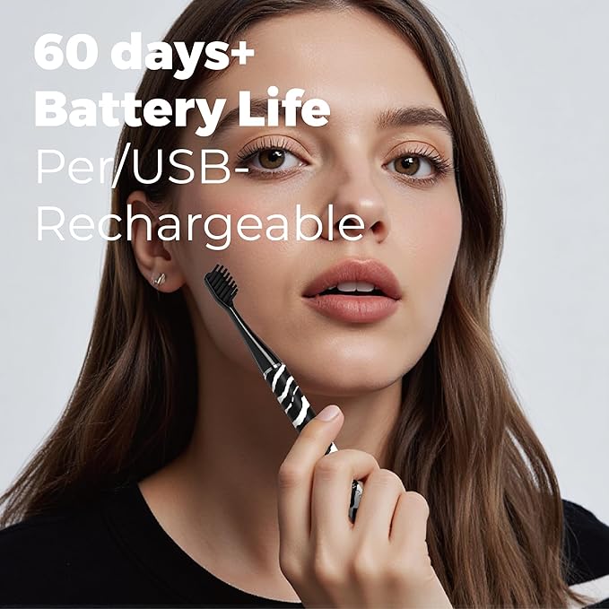 MIPOW Brush GO SlimPro i4 Electric Toothbrush Rechargeable Smart Ultra Sonic 3 Modes Travel Case &amp Ceramic Dock 60Day Battery Soft Bristles 2 Heads IPX7 Waterproof Color-ZebraBold Edition