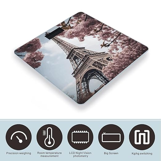 Eiffel Tower Blossoms Scale for Body Weight Anti-Slip Tempered Glass Digital Bathroom Scales Clear LCD Display Weighing Scale Safe Rounded Corners Smart Scales