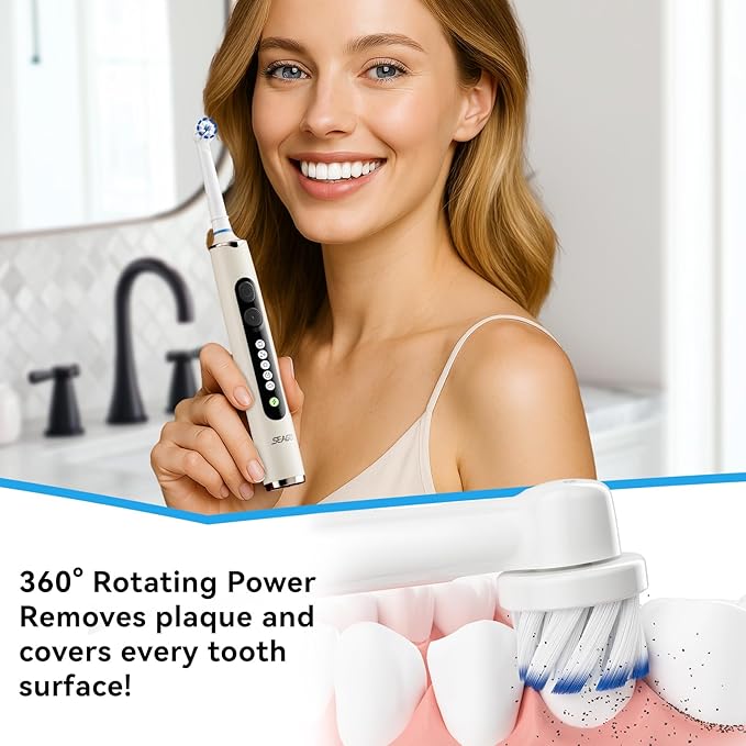 SEAGO Soft Round Electric Toothbrushes with 8 Spin Brush Heads 5 Cleaning Modes Rechargeable Sonic Toothbrush with Timer and Travel Case for Adults and Kids(SG-2607-Beige)
