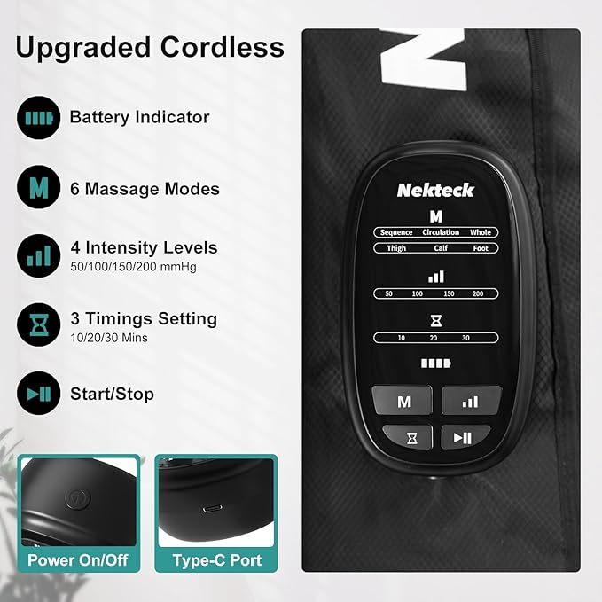 Nekteck Cordless Air Compression Leg Massager with 6 Modes &amp 4 Intensities Foot and Leg Massager for Circulation Improvement &amp Muscle Recovery Gifts for Mom Dad Athletes (Dual Unit)-Small