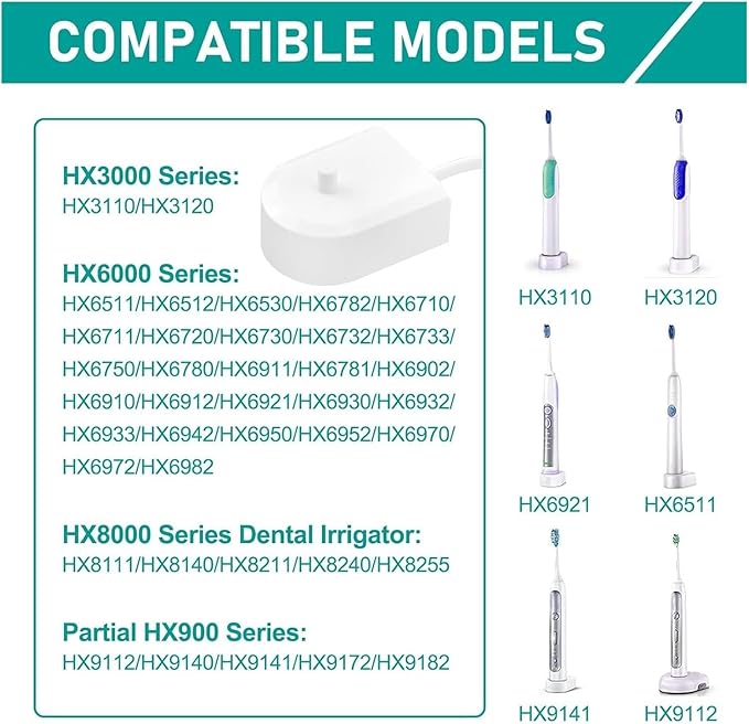 Charger Base Compatible for Philips Sonicare Electric Toothbrush HX3000 HX6000 HX8000 HX9000 Series Waterproof Power Cord(1 PCS US)