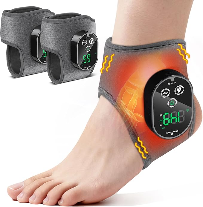 Cordless Ankle Massager Ankle Heating Pad with Massage Heated Foot Brace Wrap with 3000mAh Rechargeable 4 -Level Heats Foot Heating Pad for Sports/Work/Travel (Grey)