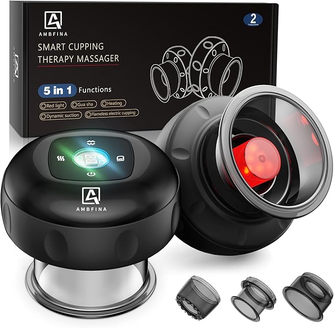 5-in-1 Cupping Kit for Massage Therapy 12 Levels Smart Dynamic Cupping Set with Red Ligh-t Therapy&ampHeat Penetrates for Targeted Pain Relief Knots Aches Muscle Soreness - 2Pcs(Black&ampBlack)