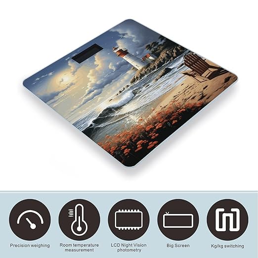Sea Lighthouse Sandbeach Scale for Body Weight High Precision Digital Weight Scales with LCD Display Anti-Slip Sturdy Slim Tempered Glass Bathroom Scale for Home Use