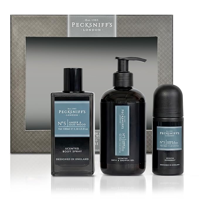Pecksniff’s Men’s Essentials Body Trio Gift Set – Amber &amp Oud Wood – Bath &amp Shower Gel 250ml Body Spray 100ml Deodorant 50ml