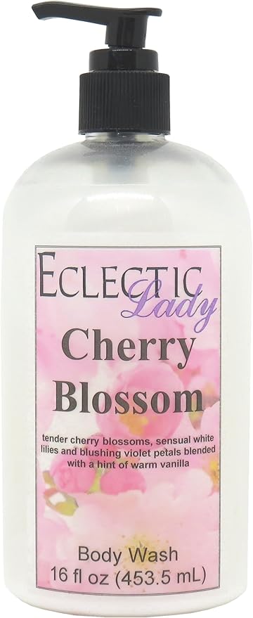Eclectic Lady Liquid Pearl Body Wash - Cherry Blossom Scent 3-in-1 Use For Bubble Bath Hand Soap &amp Body Wash Phthalate-Free Cherry Blossom Fragrance Handcrafted in USA (16 oz)