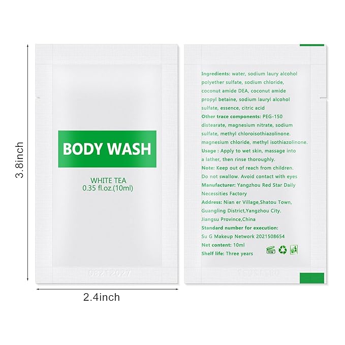 100 pack 0.35 fl oz/10ml Travel Size Shampoo Bulk Individually Wrapped bundle with 100 pack Travel Size Body Wash Bulk White Tea Scent0.35 fl oz/10ml