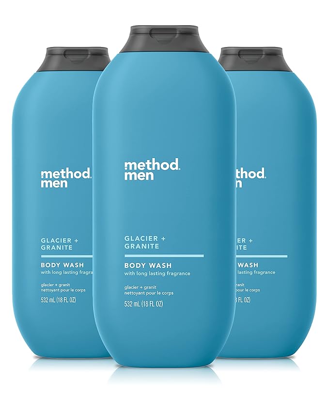 Method Men Body Wash Sea + Surf and Glacier + Granite Scents Paraben and Phthalate Free 18 FL Oz (Pack of 3) Plant-Based Cleansers