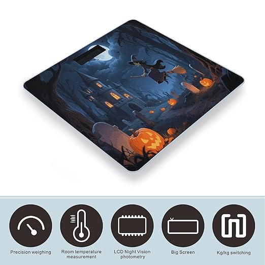 Orange Pumpkin Witch Scary Castle Weight Scale Cute Bathroom Scale for Body Highly Accurate Digital Weighing Machine for People Compact LCD Display Scales with Sturdy Toughened Glass Scales