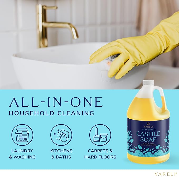 YARELI Pure Castile Soap Liquid Unscented with All Organic Oils for Adults Kids and Babies as Body Wash or Hand Soap 64oz Refill